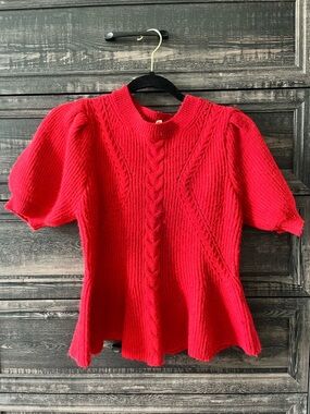 Entro Red Cable Knit Short Sleeve Peplum Sweater size small